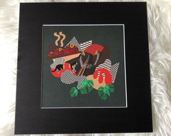 Matted print of collage "Three Degrees of Separation" fits 12"x12" frame- black mat