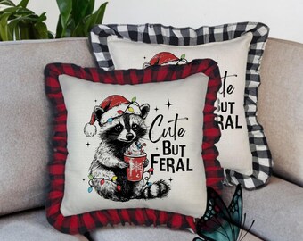 Cute But Feral Christmas Raccoon Pillow Cover – Festive Buffalo Plaid , Velvet or Linen – 17.5” Holiday Cushion Case