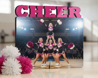 Cheer Photo Panel – 5x7 Custom Wood Sign – Laser Cut MDF Unisub with 3D Letters – Cheerleader Gift or Team Keepsake