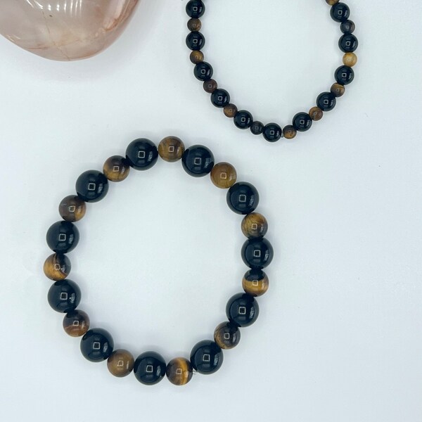 Natural Tigers Eye Onyx  bracelet set. Larger (8 mm beads) smaller (4mm beads) his and hers, mother and child, father and  child, gift