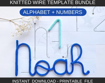 pack of alphabet templates + numbers for knitted yarn art, knitted letters and numbers, knitting, i-cord, letter and number templates