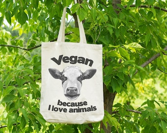 Vegan Cow Farm Animal Grocery Tote - Vegan Because I Love Animals Canvas Tote Bag - Recycled Cotton Canvas Tote - Item 2827 - Black Ink