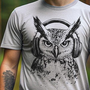 Owl with Headphones Shirt, Owl Lover TShirt, Shirts with Owls for Men and Women, Kids Owl Shirts