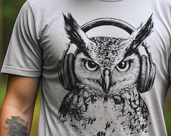Eule mit Kopfhörer Shirt, Eulen Liebhaber TShirt, Shirts mit Eulen für Männer und Frauen, Kinder Eulen Shirts