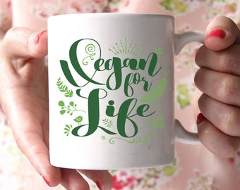 Vegan For Life Floral Print Coffee Mug - Vegan Flower Print Coffee Mug - Funny Vegan Gift - 11 oz Ceramic Mug - Item 2844 - Green Ink