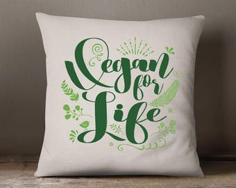 Vegan for Life Floral Print Pillow Cover - Vegan Flower Print Pillow - 18" x 18" Square Pillow Cover - Item 2844 - Green Ink