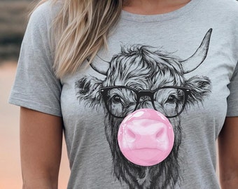 Funny Highland Cow TShirt, Highland Cow Shirt for Women, Highland Cow Blowing Bubble Gum, Kids Highland Cow Shirt