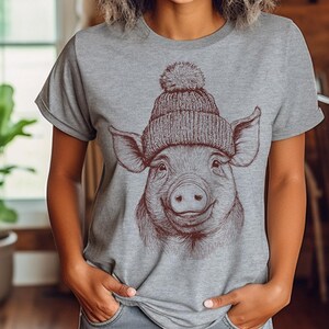 Pig Wearing Beanie Shirt, Funny Pig TShirt, Pig Lovers Shirt, T-Shirts with Pigs