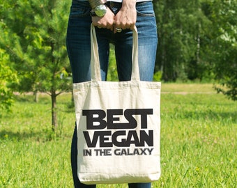 Funny Star Wars Vegan Grocery Tote - Best Vegan in the Galaxy Canvas Tote Bag - Recycled Cotton Canvas Tote - Item 3646 - Black Ink