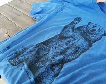 Waving Bear T Shirt - Big Bear Tee - Brown Bear T Shirt - Mountain Bear - Unisex American Apparel T Shirt  - Item 1049 - Black Ink