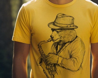 Bear Playing Saxophone Shirt, Funny Bear Shirt, Bear Music TShirt, Grizzly Bear TShirts for Men Women and Kids