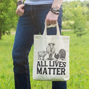 Vegan Farm Animal Grocery Tote All Lives Matter Funny Vegan Canvas Tote Bag Recycled Cotton Canvas Tote Item 1208 Black Ink image 1