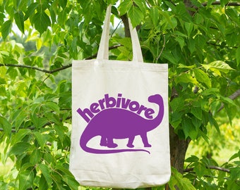 Herbivore Dinosaur Grocery Tote - Funny Dinosaur Vegetarian Canvas Tote Bag - Recycled Cotton Canvas Tote - Item 2762 - Purple Ink