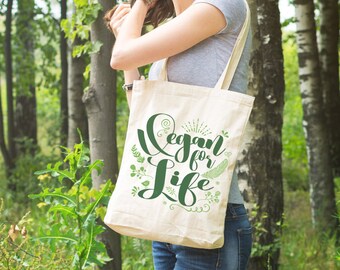 Vegan Floral Print Grocery Tote - Vegan for Life Canvas Tote Bag - Recycled Cotton Canvas Tote - Item 2844 - Green Ink