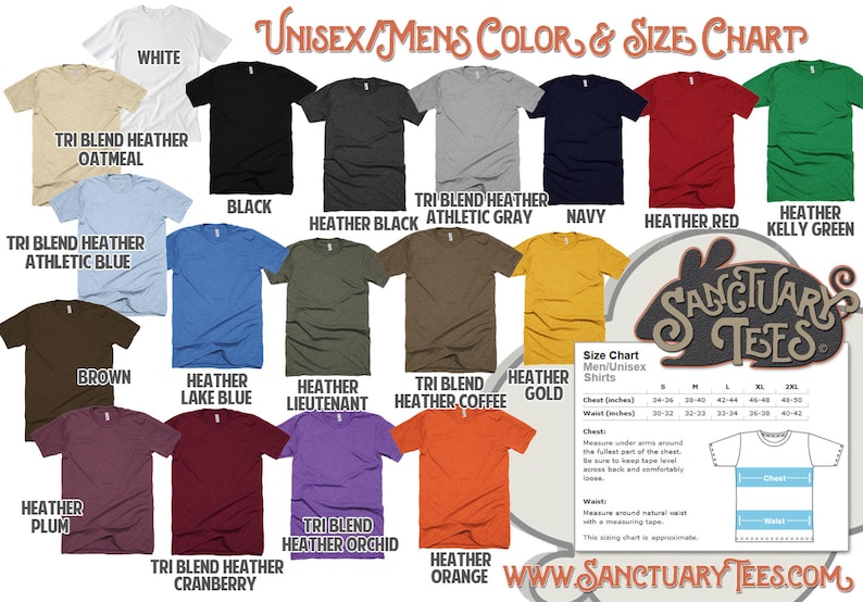 May include: Unisex t-shirt color and size chart with 18 different color options. The chart includes tri-blend heather colors, heather colors, and solid colors. The chart also includes a size chart for men's and unisex shirts with chest and waist measurements in inches.