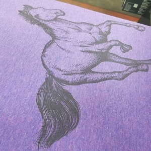 May include: A purple t-shirt with a black and white image of a horse rearing up on its hind legs.