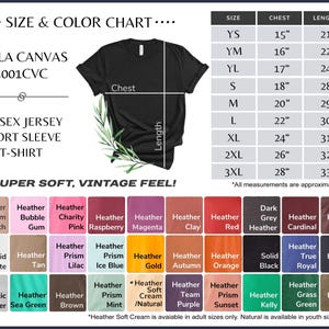 May include: Size and color chart for Bella Canvas 3001CVC unisex jersey short sleeve t-shirt. The chart shows sizes from youth small to 3XL with corresponding chest and length measurements in inches. The chart also includes a color chart with various heather colors, solid colors, and a few specialty colors.