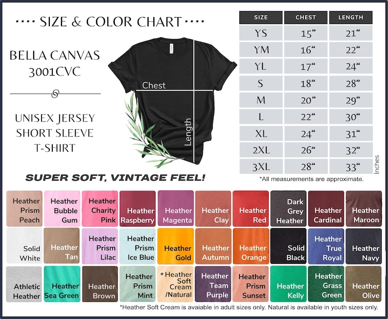 May include: Size and color chart for Bella Canvas 3001CVC unisex jersey short sleeve t-shirt. The chart shows sizes from youth small to 3XL with corresponding chest and length measurements in inches. The chart also includes a color chart with various heather colors, solid colors, and a few specialty colors.