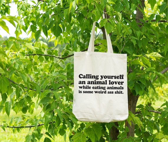 Funny Vegan Vegetarian Grocery Tote - Funny Animal Lover Tote Bag - Recycled Cotton Canvas Tote - Item 4011 - Black Ink
