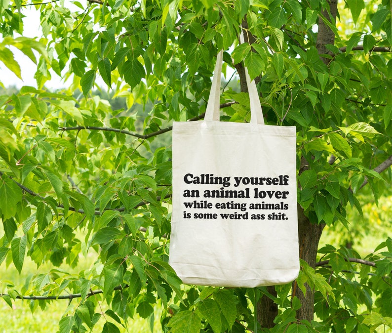 Funny Vegan Vegetarian Grocery Tote - Funny Animal Lover Tote Bag - Recycled Cotton Canvas Tote - Item 4011 - Black Ink image 1