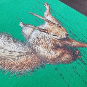 May include: A brown and white squirrel with a bushy tail is depicted on a green background. The squirrel is drawn in a realistic style with detailed fur and facial features.