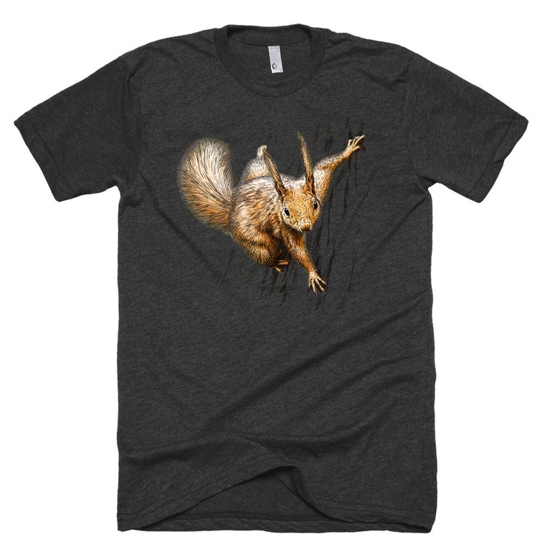 May include: A dark heather grey t-shirt with a graphic of a squirrel peeking out from behind a tree trunk.