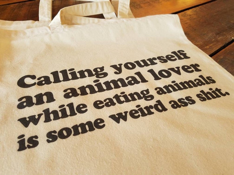 Funny Vegan Vegetarian Grocery Tote - Funny Animal Lover Tote Bag - Recycled Cotton Canvas Tote - Item 4011 - Black Ink image 3