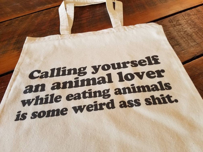 Funny Vegan Vegetarian Grocery Tote - Funny Animal Lover Tote Bag - Recycled Cotton Canvas Tote - Item 4011 - Black Ink image 2