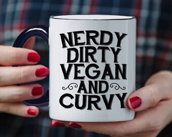 Vegan Print Coffee Mug - Nerdy Dirty Vegan and Curvy Coffee Mug - Funny Vegan Gift - 11 oz Ceramic Mug - Item 1203 Brown Ink