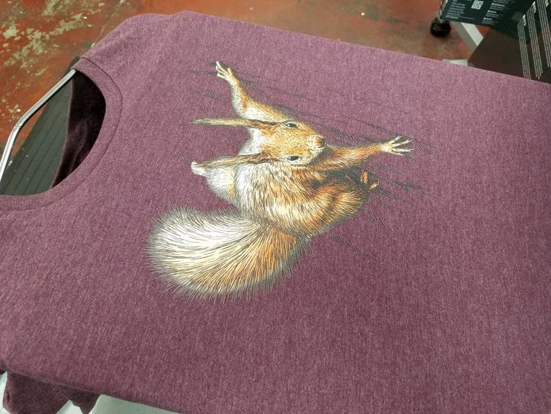 May include: A maroon t-shirt with a printed image of a squirrel climbing a tree.
