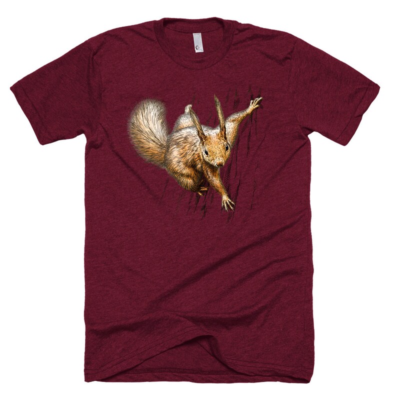 May include: A maroon t-shirt with a graphic of a red squirrel peeking out from behind a tree trunk.