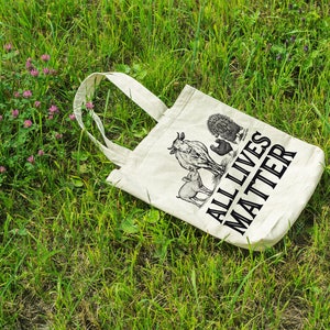 Vegan Farm Animal Grocery Tote All Lives Matter Funny Vegan Canvas Tote Bag Recycled Cotton Canvas Tote Item 1208 Black Ink image 2