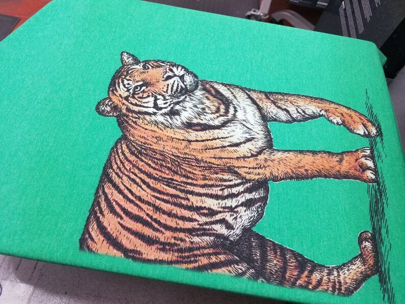 May include: A green t-shirt with a black and orange tiger illustration printed on the front.