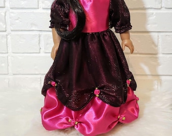 Pink Satin Princess Doll Dress: Black Overlay, Ribbon Roses - Fits 18 Inch Dolls