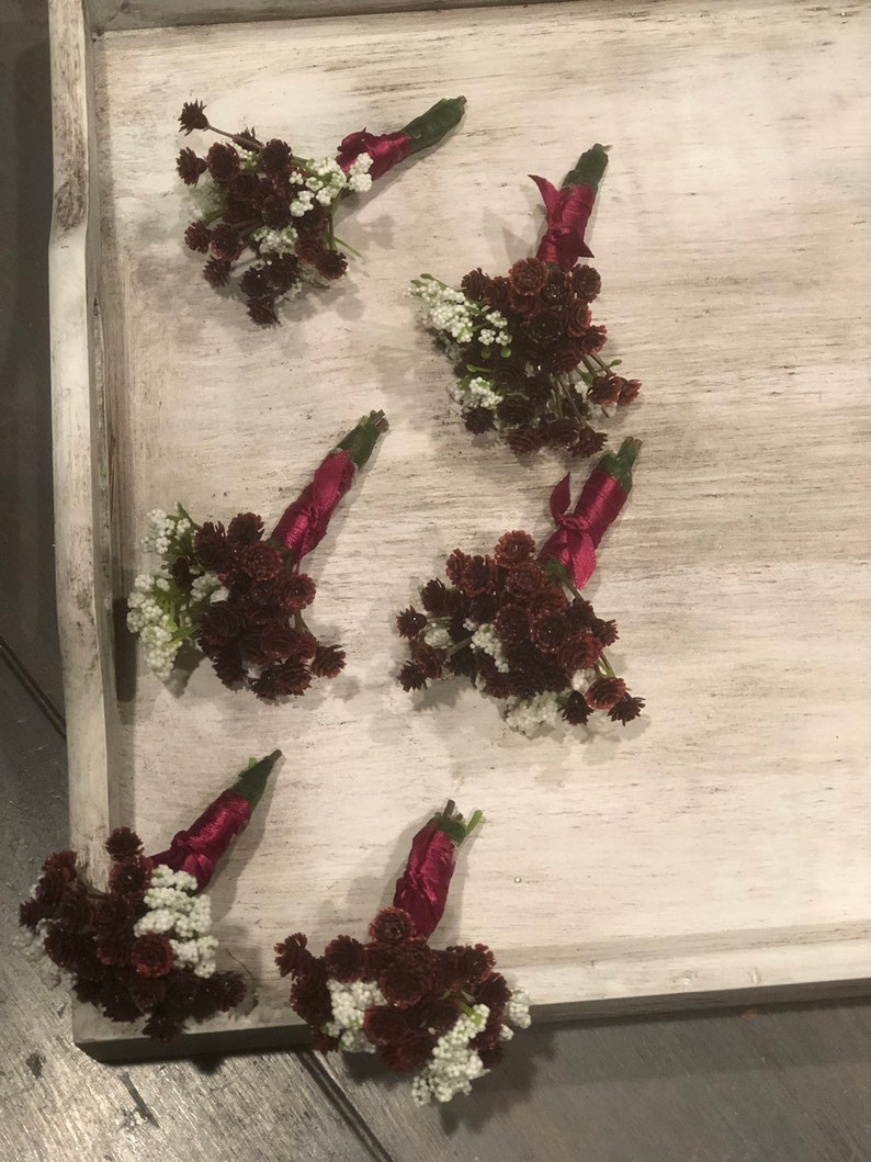 babies breath boutonni\u00e8res buttonholes wine boutonni\u00e8res fathers boutonni\u00e8res Burgundy boutonni\u00e8res grooms boutonni\u00e8re best man