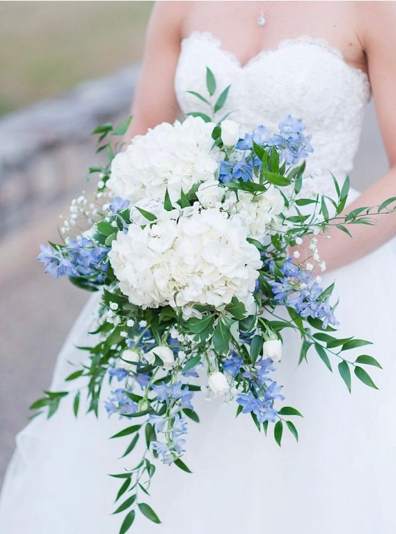 Hydrangea bridal bouquet bridal bouquet with blue cascading image 0