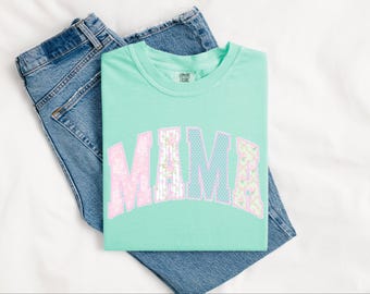 Mama Floral Faux Seersucker Comfort Colors Tee | Preppy Grandmillennial Style | Mother's Day Gift | Dainty Mom Shirt