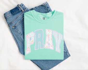 Pray Faux Seersucker Comfort Colors Tee | Preppy Grandmillennial Style | Religious Biblical Shirt