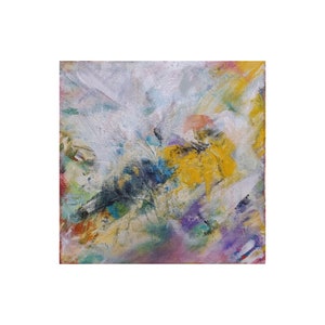 May include: Abstract painting with a mix of colors, including white, yellow, blue, green, and purple. The painting has a textured surface and a loose, gestural style.