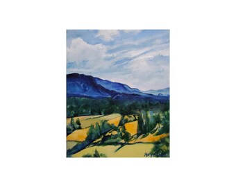 May include: A painting of a landscape with a blue mountain range in the background, a field of yellow grass in the foreground, and a cloudy sky.