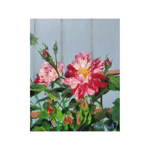 May include: A painting of pink and red roses with green leaves and buds against a light blue background. The painting is signed "Mary Kraft" in the bottom right corner.