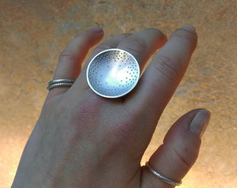 silver ring with dots, punched dots asterisk, finger ring, massive women's ring large silver bowl middle finger