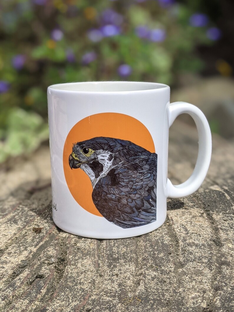May include: White ceramic mug with a black and gray falcon illustration on an orange circle. The falcon is facing left and has a yellow eye.
