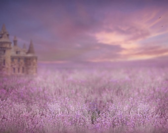 Telón de fondo del castillo, Telón de fondo digital de verano, Fondo digital, Campos de flores, Cuento de hadas, Telón de fondo cremoso, Photoshop, PSE - Descarga instantánea
