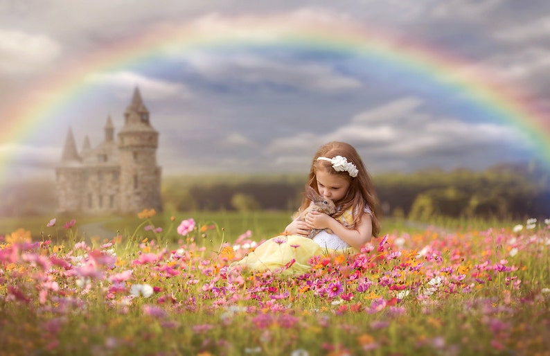 Puede incluir: Una ni&ntilde;a peque&ntilde;a con un vestido amarillo y una diadema blanca se sienta en un campo de flores rosas y blancas. Est&aacute; sosteniendo un peque&ntilde;o conejo marr&oacute;n en sus brazos. Un arco&iacute;ris se arquea sobre el campo y un castillo de piedra es visible en el fondo.