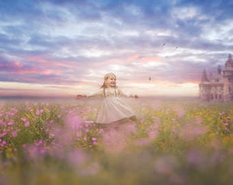 Telón de fondo de primavera, Telón de fondo digital de verano, Fondo digital del castillo, Campo de flores, Ensueño, Telón de fondo de ensueño, Photoshop, PSE -Descarga instantánea