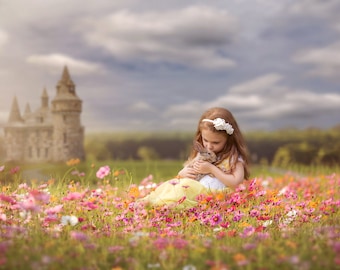 Telón de fondo del castillo, Telón de fondo digital de verano, Fondo digital, Campos de flores, Cuento de hadas, Telón de fondo cremoso, Photoshop, PSE - Descarga instantánea
