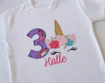 unicorn birthday shirt embroidered, personalised unicorn t-shirt, girls birthday shirt, unicorn birthday applique shirt, unicorn party