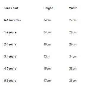 May include: Size chart for children's clothing with measurements in centimeters for height and width. The chart shows sizes from 6-12 months to 5-6 years.