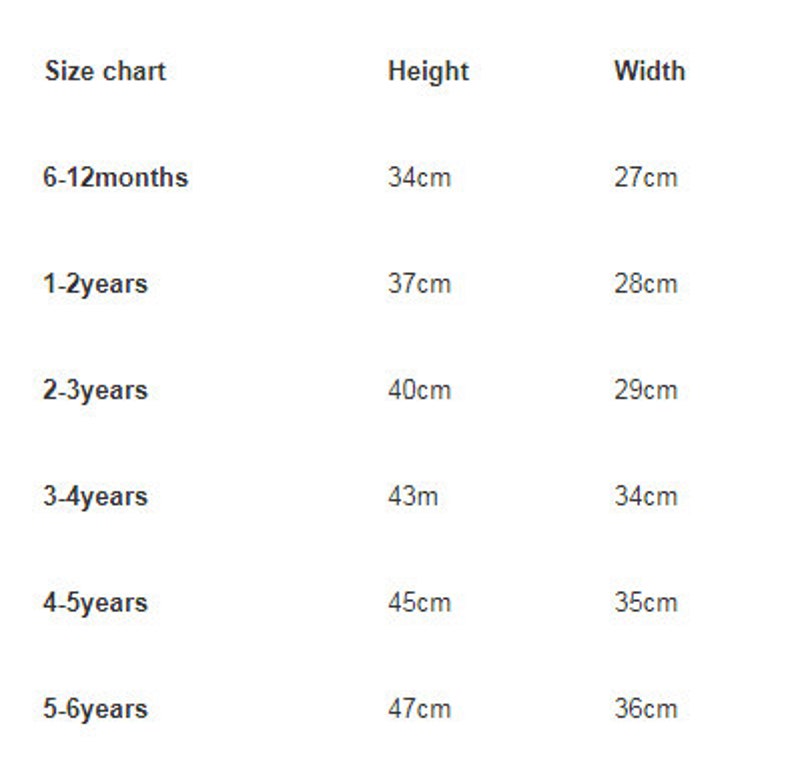 May include: Size chart for children's clothing with measurements in centimeters for height and width. The chart shows sizes from 6-12 months to 5-6 years.